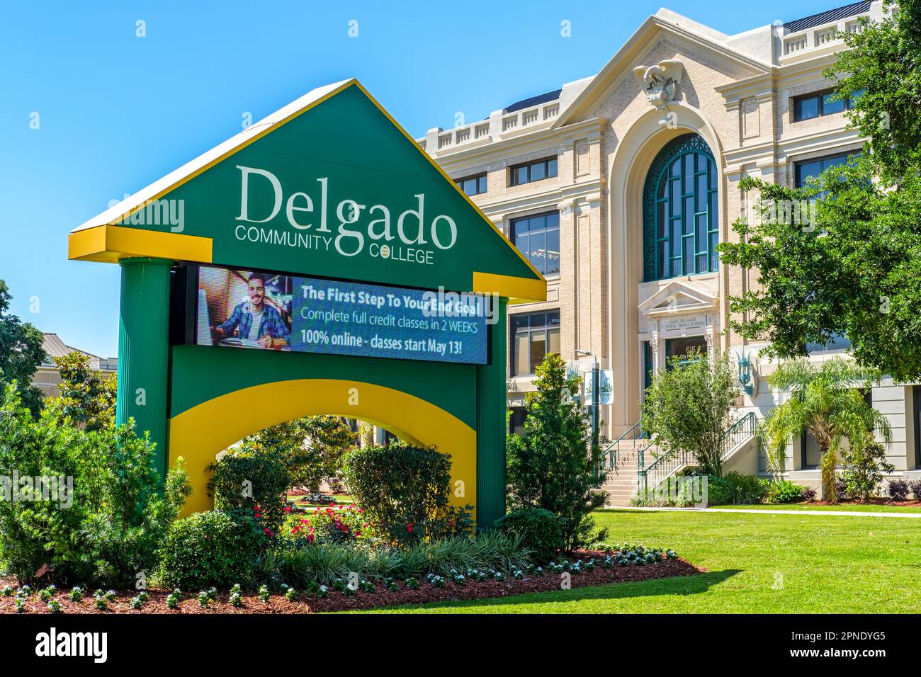 NEW ORLEANS, LA, USA APRIL 17, 2023 Large sign and Isaac Delgado