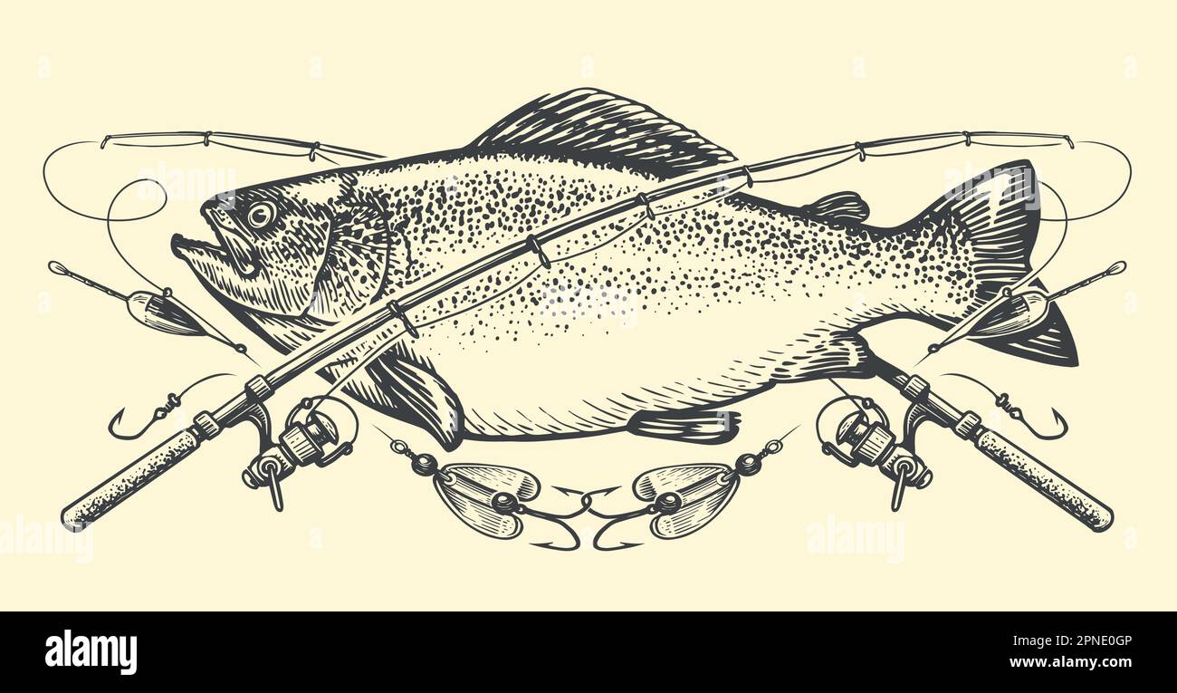 Big fish, crossed rods and tackle emblem. Fishing, outdoor sports lifestyle  concept, sketch vintage vector illustration Stock Vector Image & Art - Alamy
