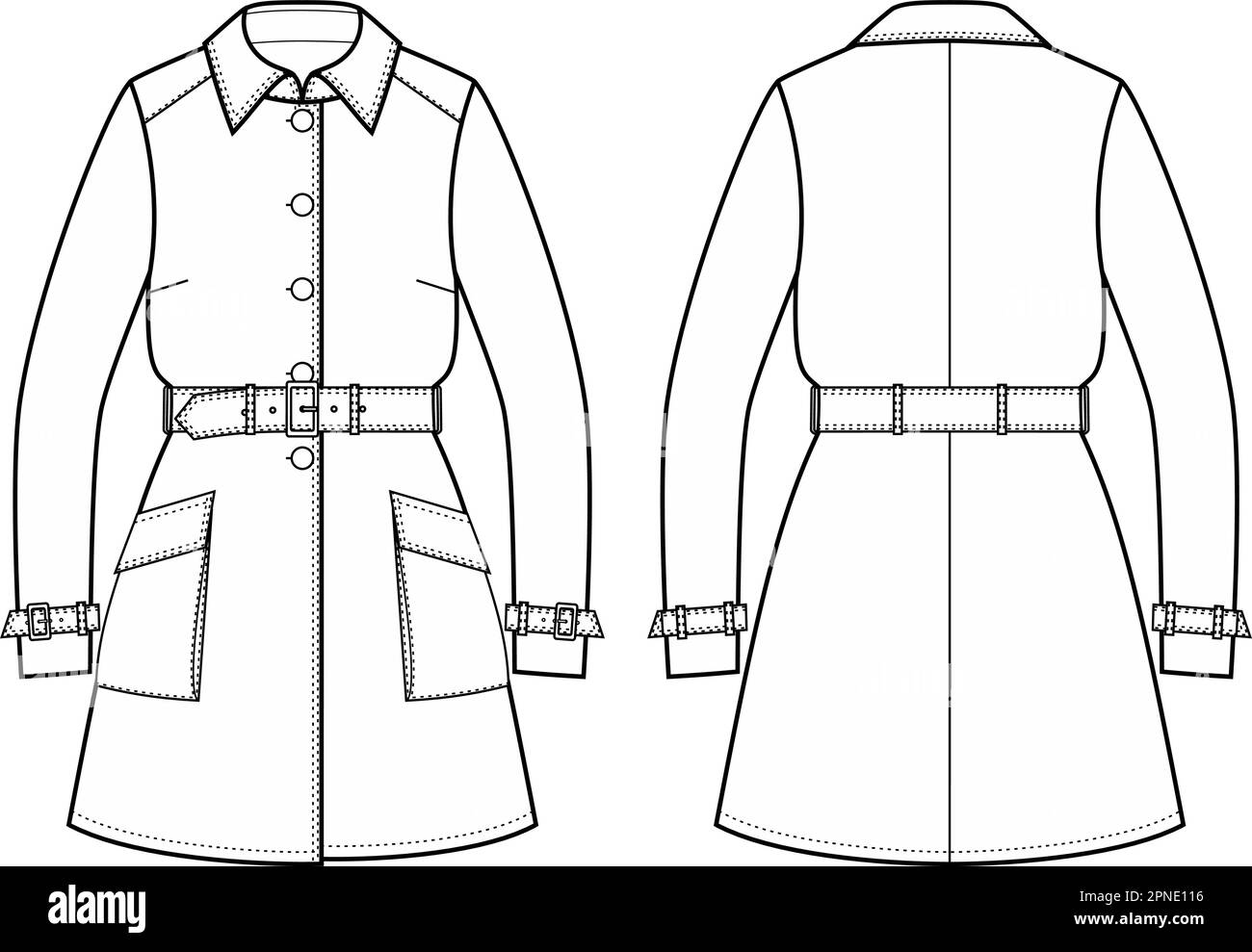 Womens trench coat. Fashion CAD. Stock Vector