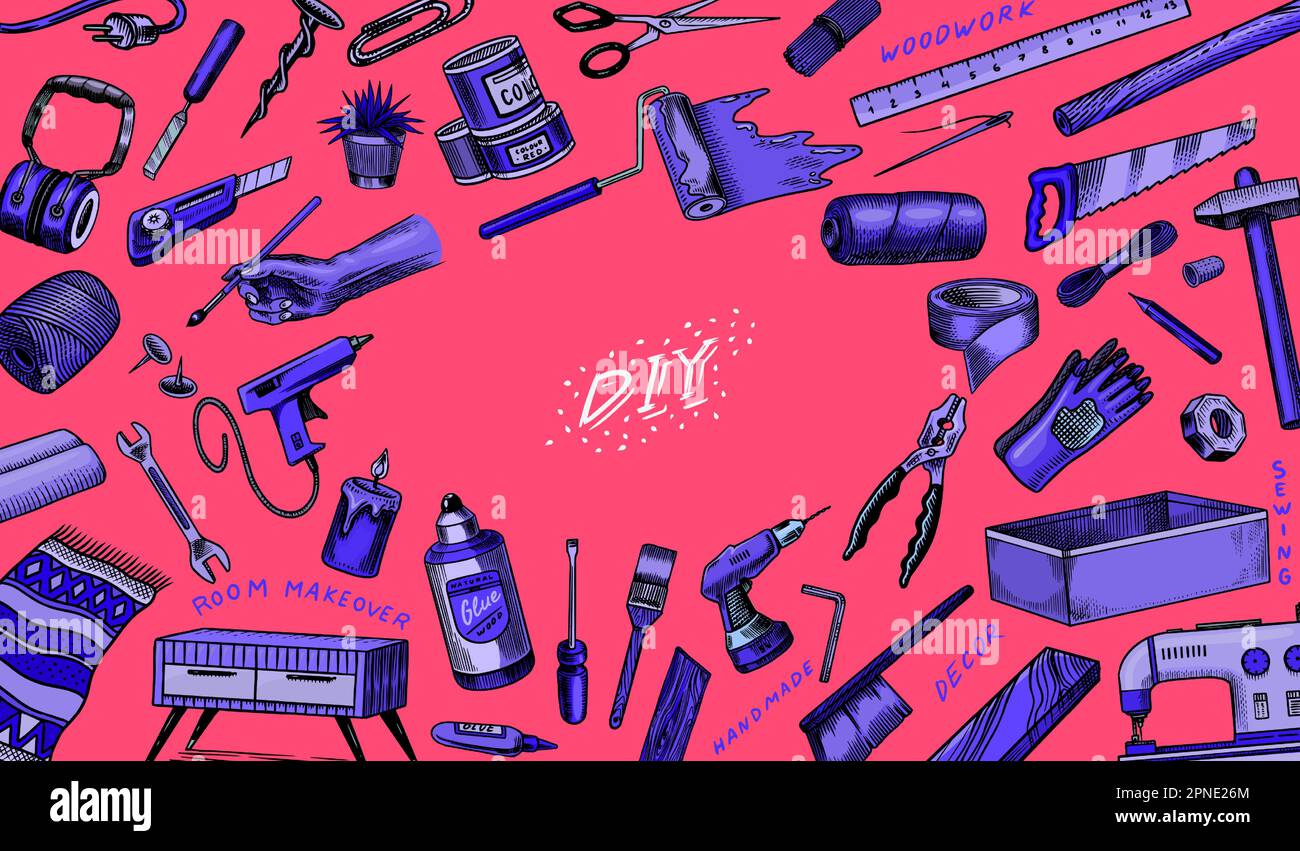 DIY Background. Hardware Shop concept. Glue, wood planks, sewing