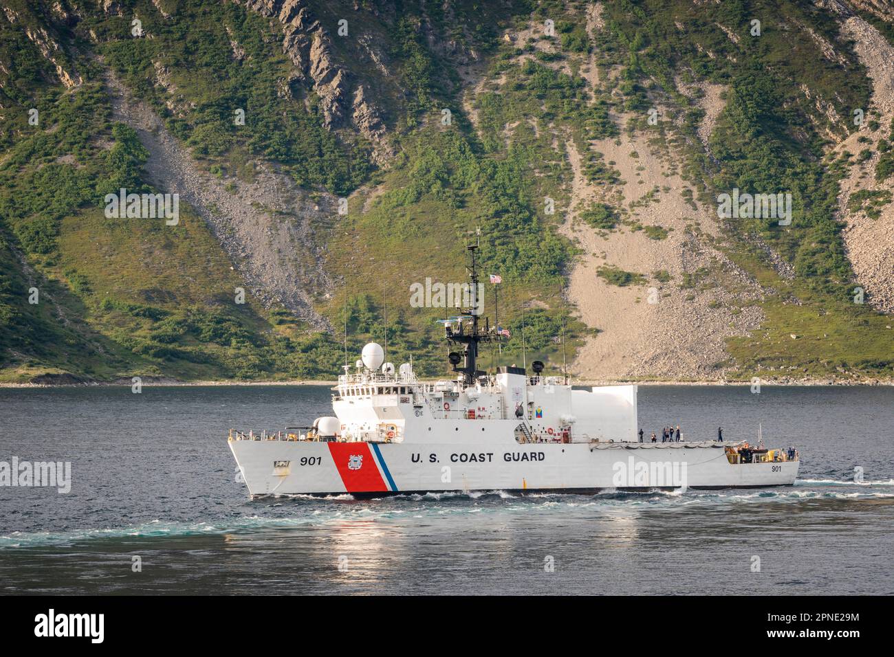 US Coast Guard Cutter Bear underway in Saglek Fjord, Labrador,  during Operation Nanook 2022. Stock Photo