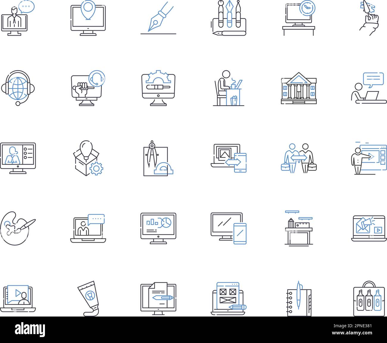 Operations cycle line icons collection. Plan, Execute, Monitor, Control, Analyze, Improve, Evaluate vector and linear illustration. Schedule,Optimize Stock Vector