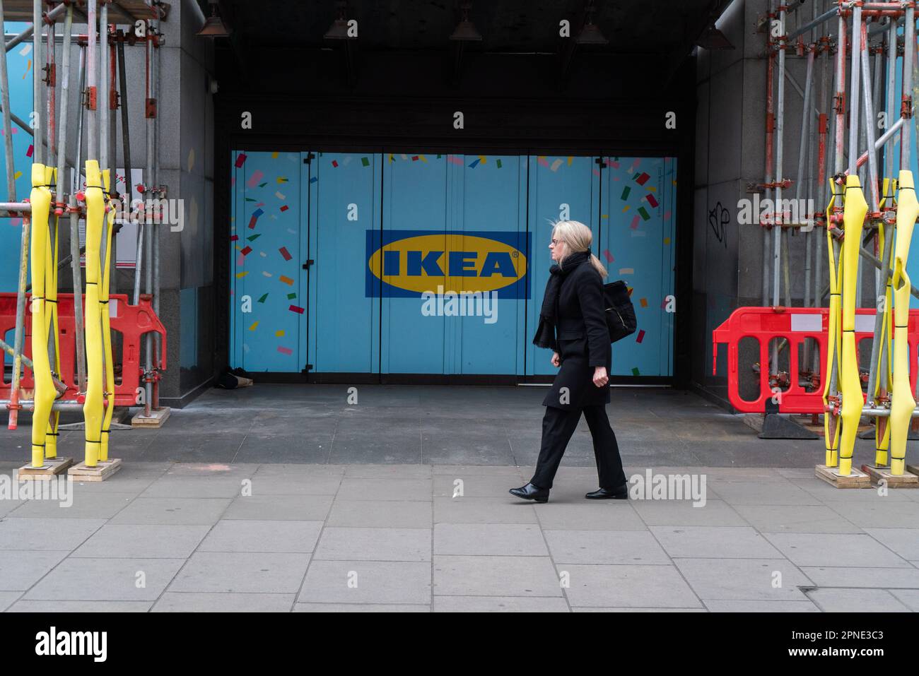 London UK. 18 April 2023. Scaffolding  erected on the exterior of the new IKEA flagship store in Oxford Street being redeveloped on the site  of former TOPSHOP property that  was acquired by IKEA Swedish multinational conglomerate for £378. million and is due to open in autumn 2023. Credit: amer ghazzal/Alamy Live New Stock Photo