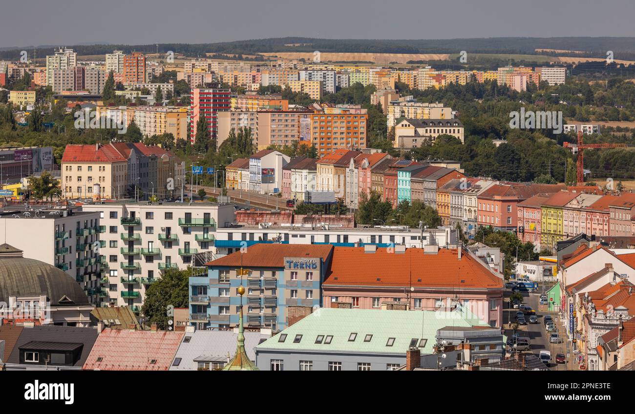 PILSEN, CZECH REPUBLIC, EUROPE - Residential and commercial areas. Hotel Trend, at center bottom. Stock Photo