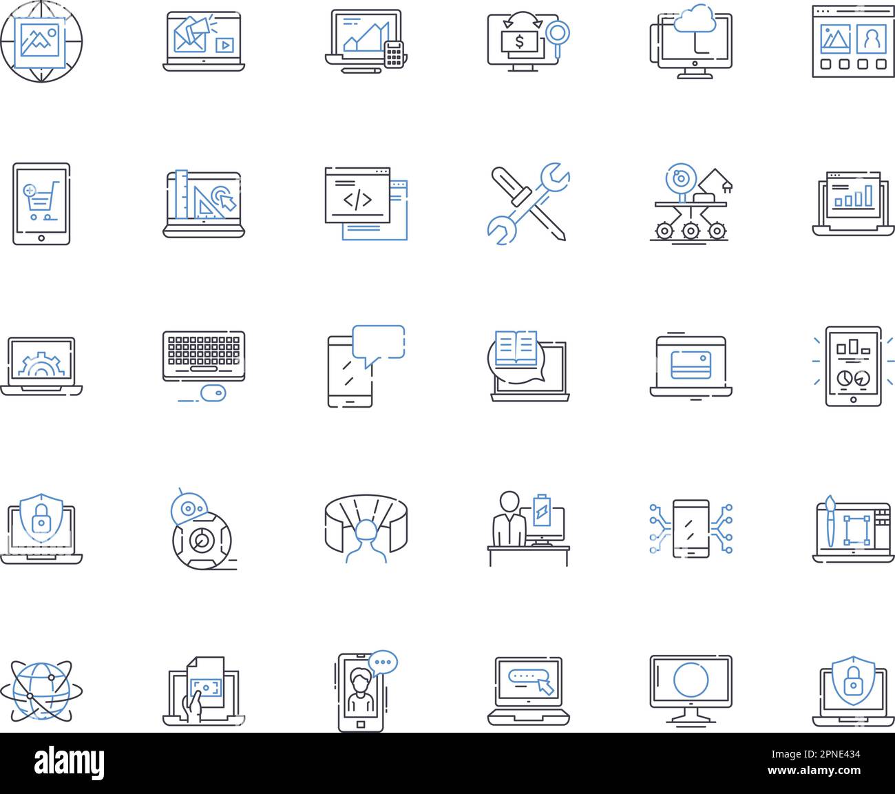 Tech line icons collection. Innovation, Disruption, Automation, Cybersecurity, Blockchain, Augmented, Virtual vector and linear illustration. Cloud Stock Vector
