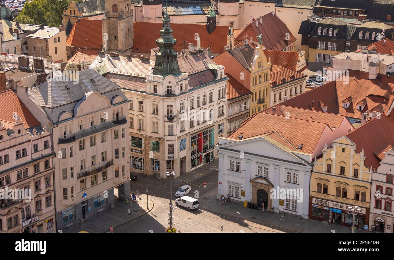 PILSEN, CZECH REPUBLIC, EUROPE - Aerial of buildings on Main Square Pilsen. Namesti Republiky Plzen. Stock Photo
