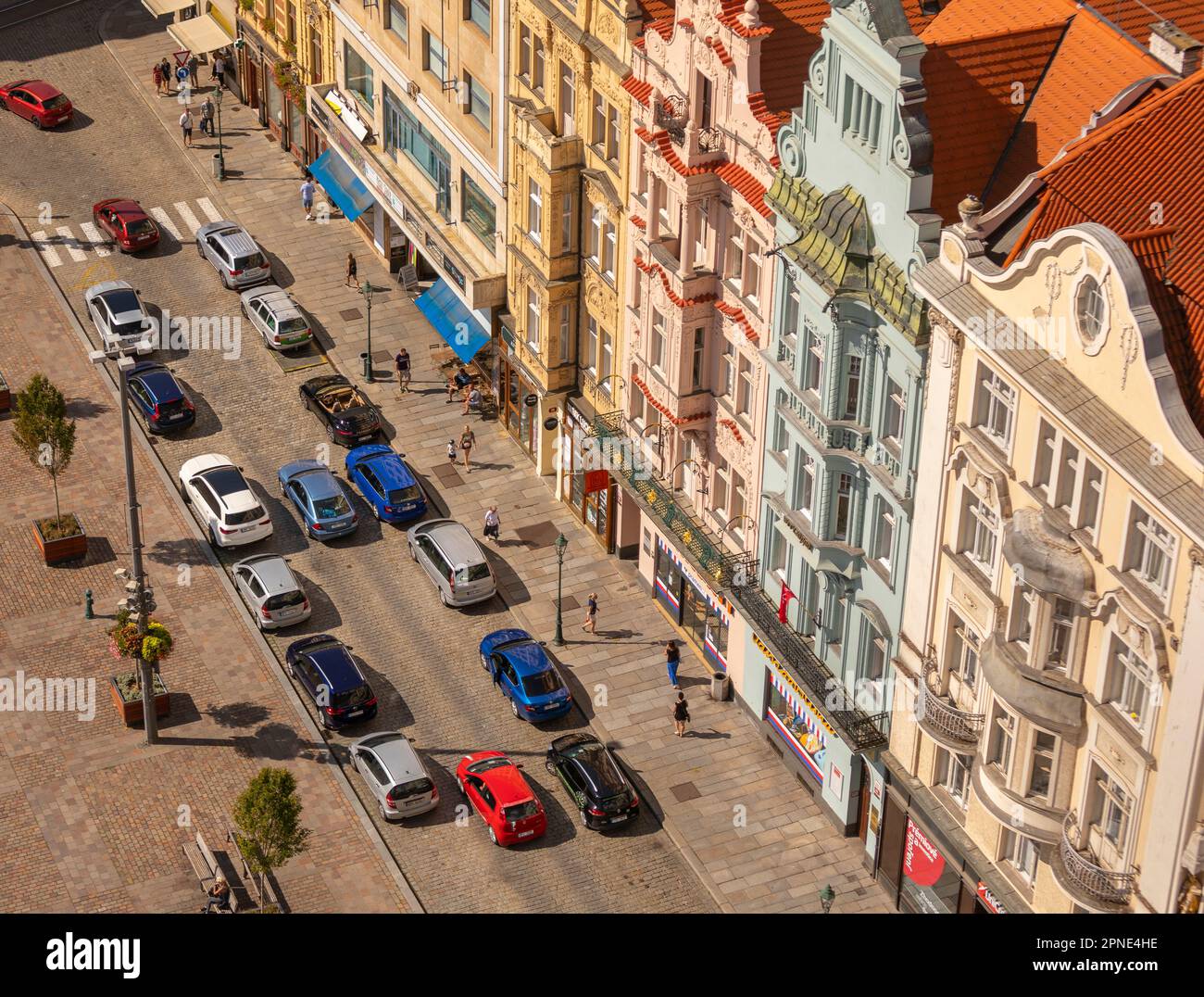 PILSEN, CZECH REPUBLIC, EUROPE - Aerial of buildings on Main Square Pilsen. Namesti Republiky Plzen and car traffic. Stock Photo
