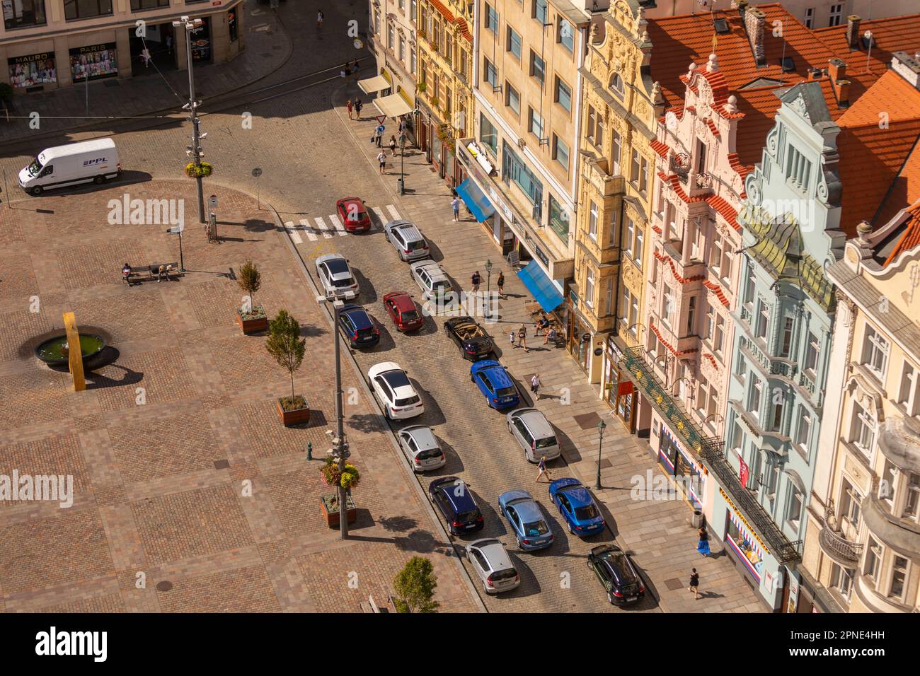 PILSEN, CZECH REPUBLIC, EUROPE - Aerial of buildings on Main Square Pilsen. Namesti Republiky Plzen and car traffic. Stock Photo