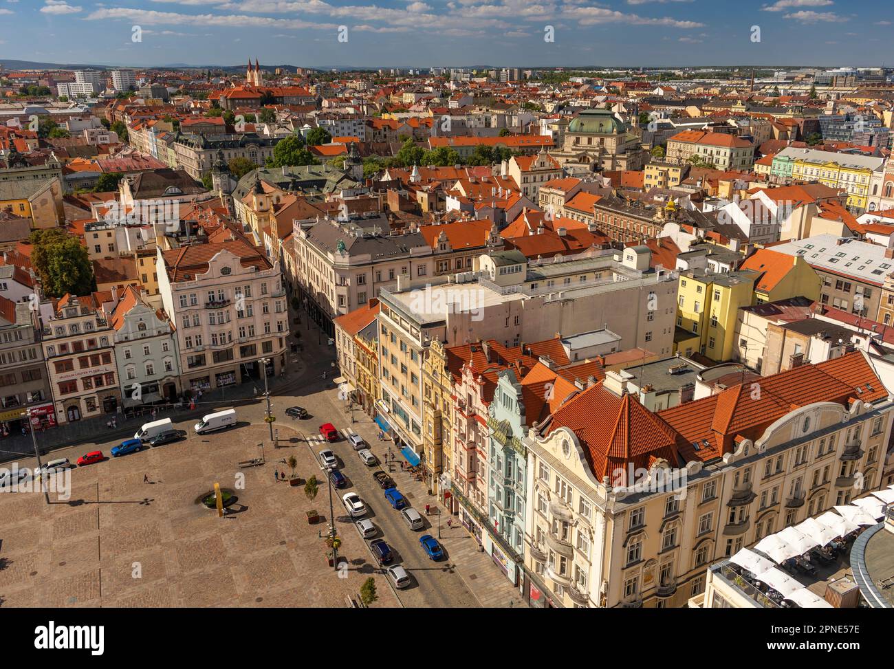 PILSEN, CZECH REPUBLIC, EUROPE - Aerial of buildings on Main Square Pilsen. Namesti Republiky Plzen. Stock Photo