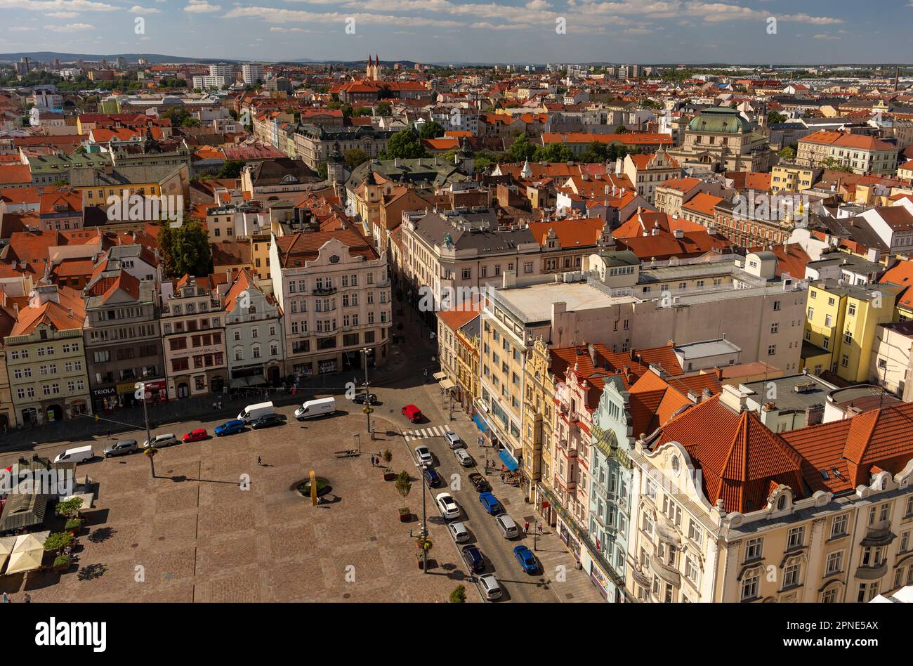 PILSEN, CZECH REPUBLIC, EUROPE Aerial of buildings on Main Square Pilsen. Namesti Republiky