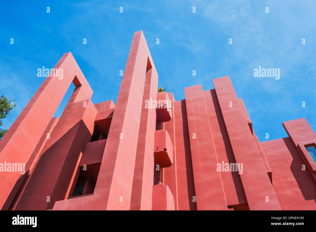 Geometric red building design. The red wall, La manzanera. Calpe, Spain