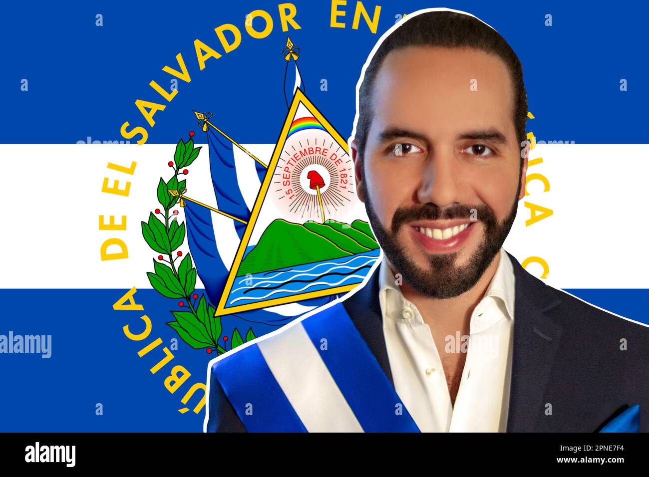 El Salvador President Nayib Bukele, El Salvador flag and shield design Stock Photo - Alamy