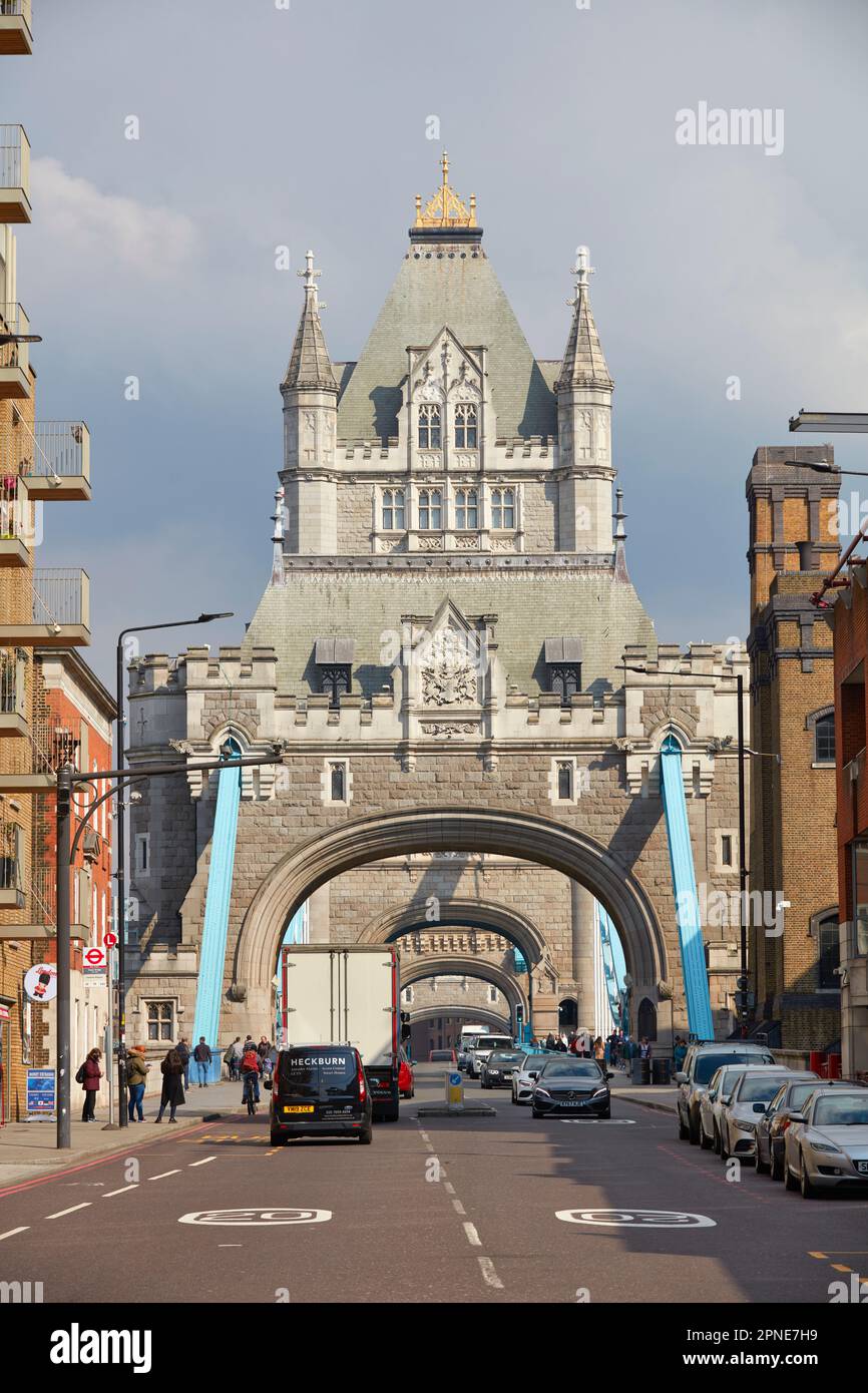 Cars passing over the Tower Bridge, London, United Kingdom. Stock Photo