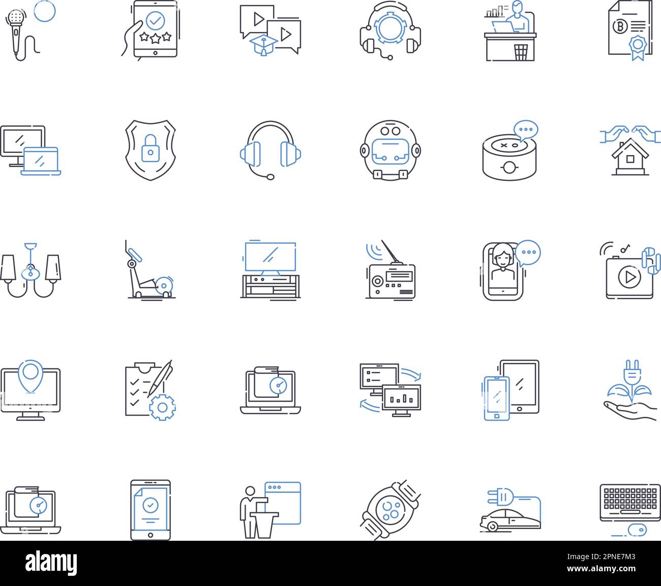 Tech industry line icons collection. Innovation, Disruption, Blockchain, Cybersecurity, Cloud, AI, Robotics vector and linear illustration. Automation Stock Vector