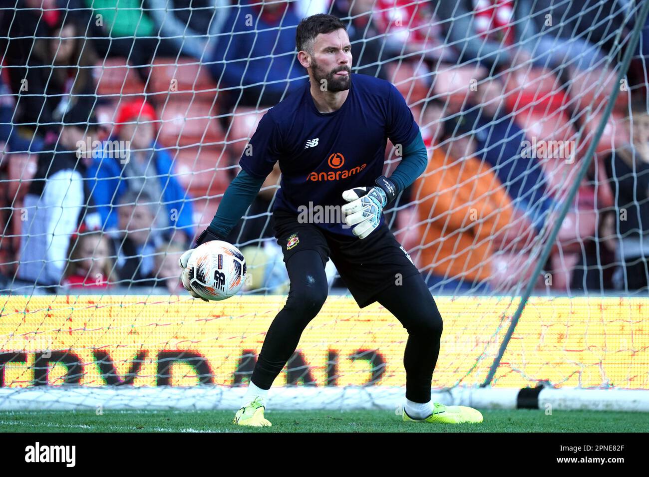 Wrexham goalkeeper Ben Foster warming up prior to kickoff before the Vanarama National League
