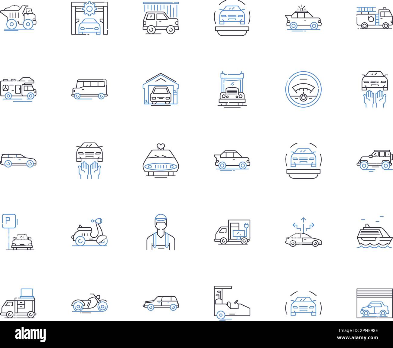 Vehicle line icons collection. Automobile, Car, Truck, Motorcycle, Van, Bus, SUV vector and linear illustration. Sedan,Coupe,Convertible outline signs Stock Vector