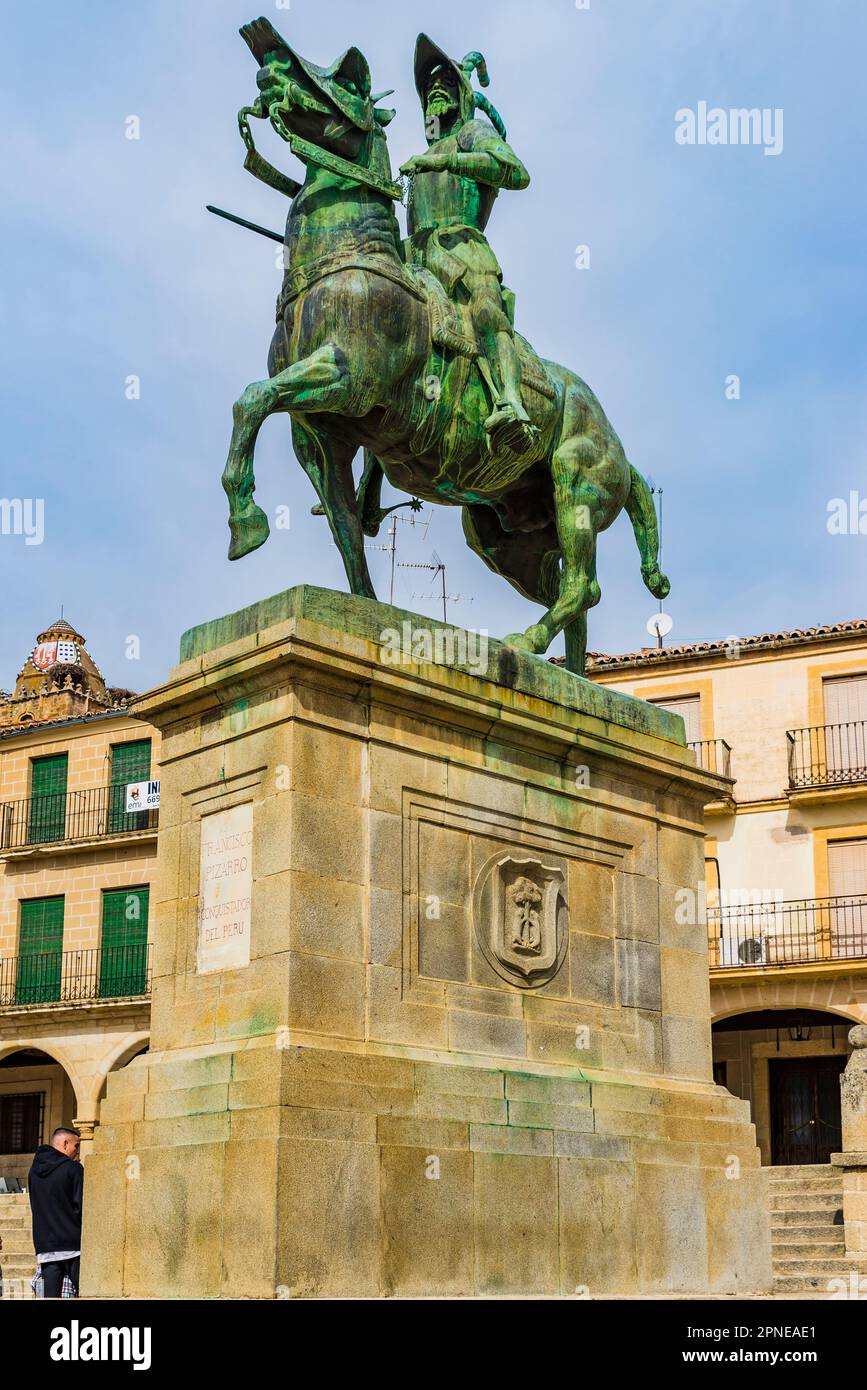 Equestrian statue of Francisco Pizarro, conqueror of Peru, in Main Square. Trujillo, Cáceres, Extremadura, Spain, Europe Stock Photo
