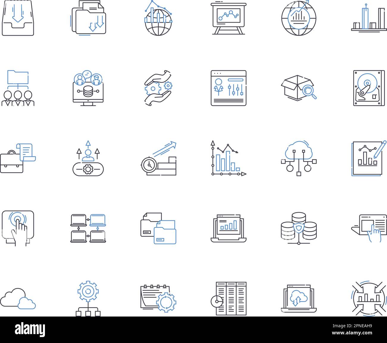 Records and machinery line icons collection. ecords, Archives, Inventory, History, Log, Catalog, Ledger vector and linear illustration. Registry Stock Vector