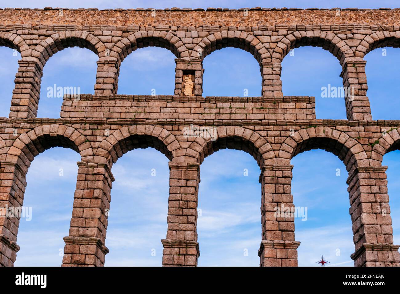 Detail. The Aqueduct of Segovia, Acueducto de Segovia, is a Roman aqueduct, one of the best-preserved elevated Roman aqueducts and the foremost symbol Stock Photo
