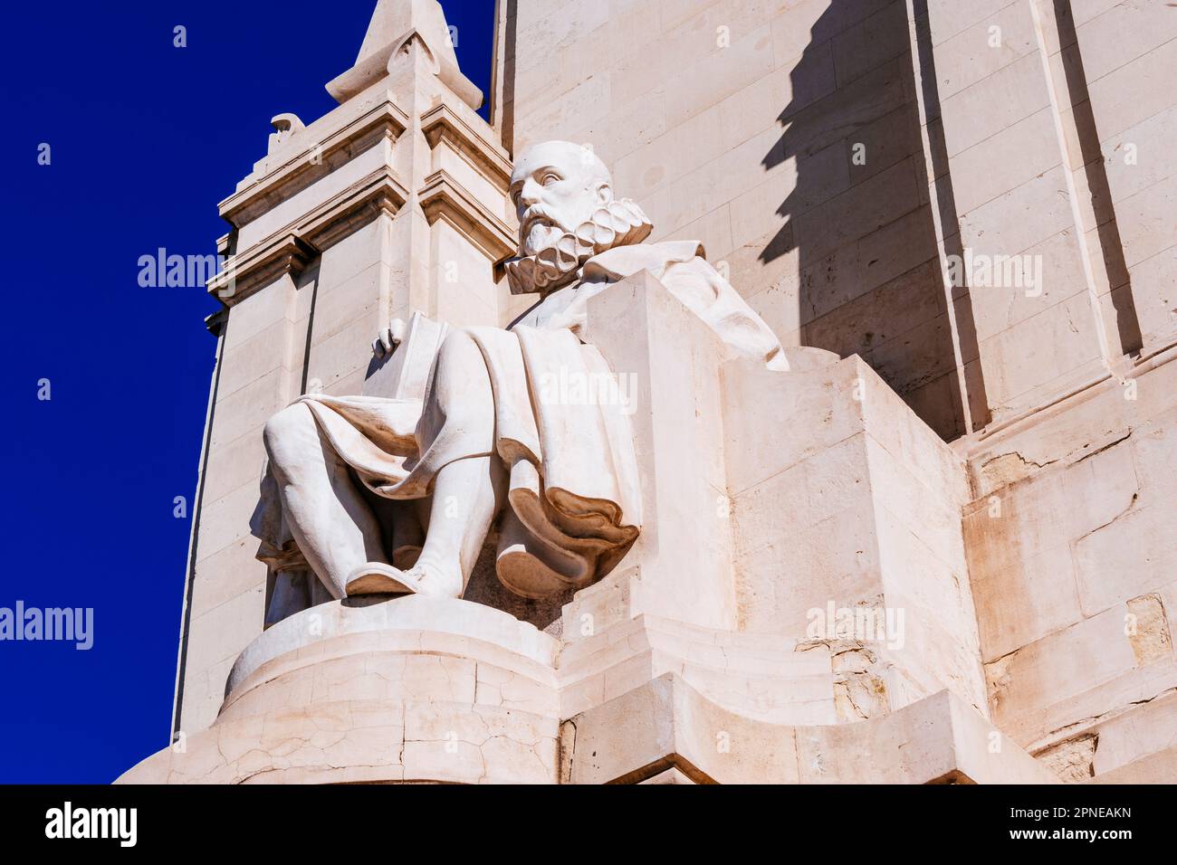 Detail of Miguel de Cervantes seated. Monument to Miguel de Cervantes. Plaza de España - Spain Square. Madrid, Comunidad de Madrid, Spain, Europe Stock Photo