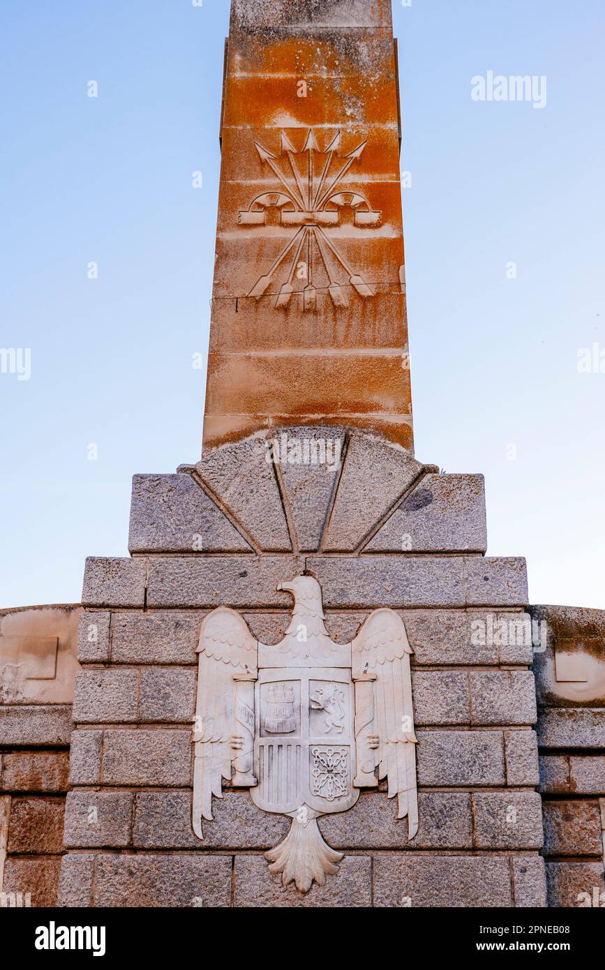 Detail iconography of the Franco dictatorship. Monument to the fallen for Spain of the Franco dictatorship. Ocaña, Toledo, Castilla La Mancha, Spain, Stock Photo