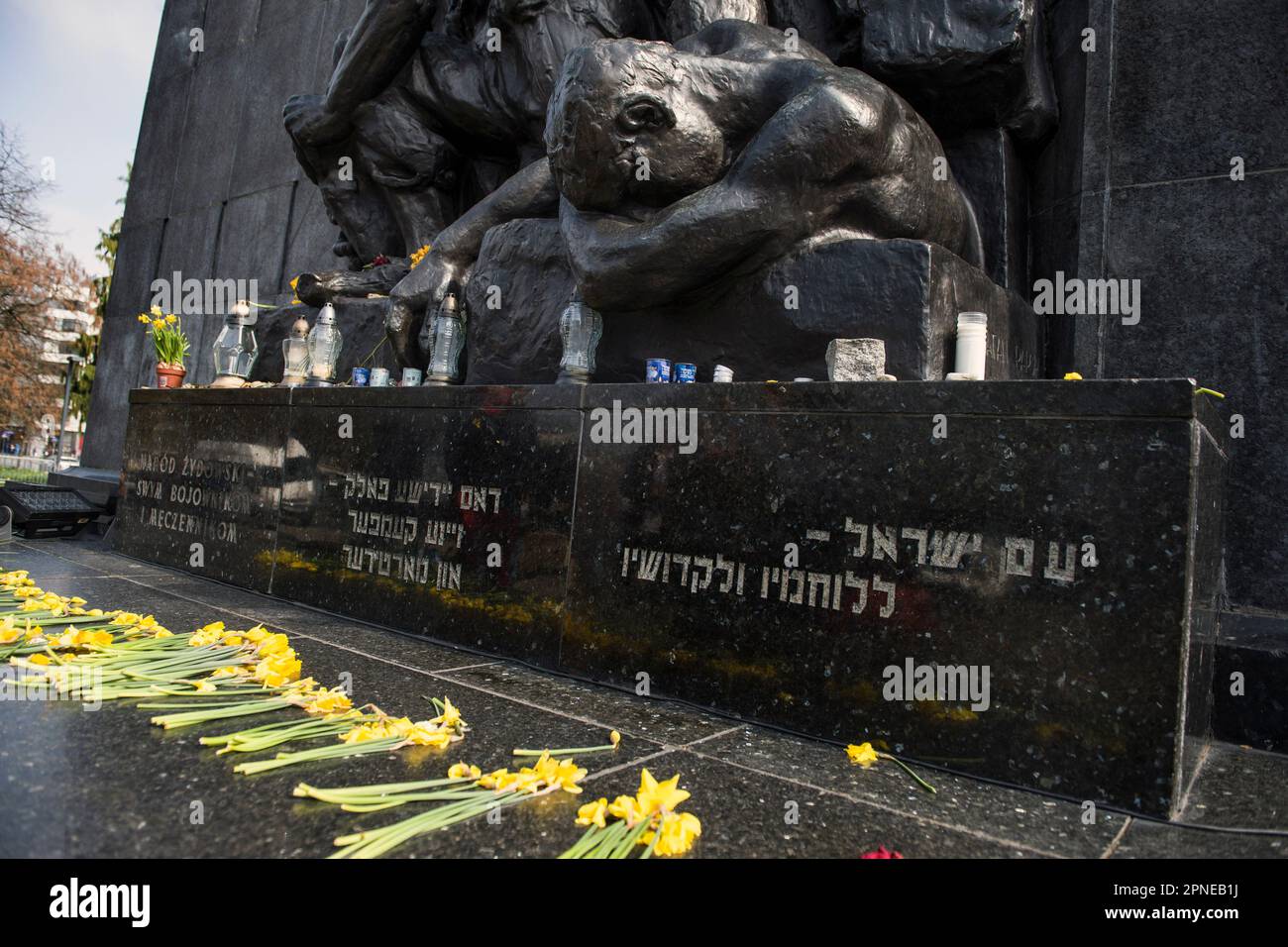 Warsaw, Mazowieckie, Poland. 18th Apr, 2023. The Monument to the Ghetto Heroes commemorates Jewish insurgents from the Warsaw Ghetto, which lasted from 19 April 1943 to 16 May 1943. This year April 19, the world will mark the 80th anniversary of the Warsaw Ghetto Uprising ''“ the first large-scale metropolitan uprising in Nazi-occupied Europe. The Uprising became an everlasting symbol of the resistance of Polish Jews against the Holocaust. Between 1942 to 1943 Germans transported over 300,000 Jews from the Warsaw Ghetto to the death camp in Treblinka and other camps.A day before the official Stock Photo