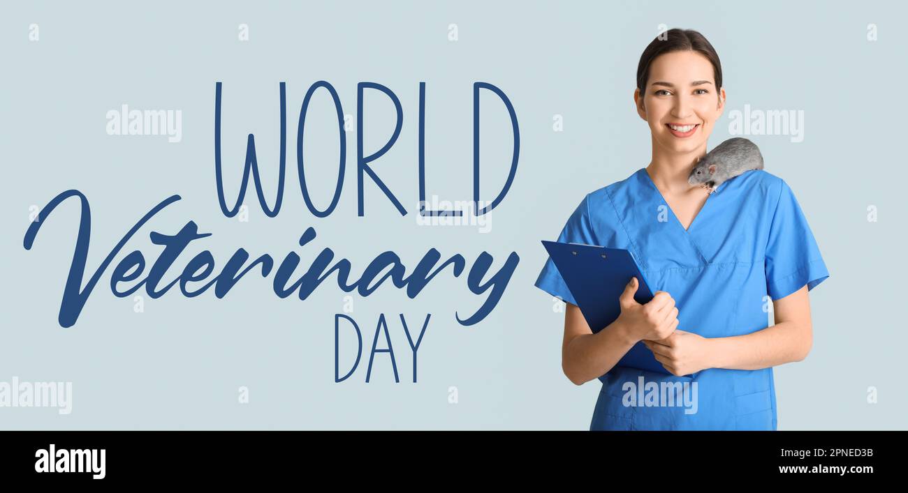 Banner for World Veterinary Day with veterinarian and cute rat Stock