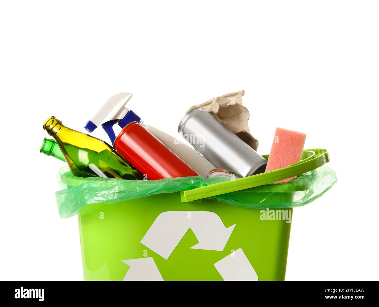 Trash bin with different garbage on white background, closeup Stock Photo Alamy
