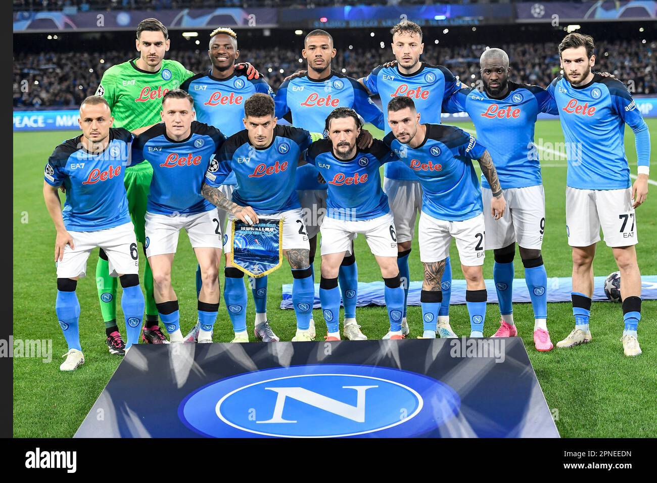Naples, Italy. 18th Apr, 2023. Napoli players pose for a team photo during  the Champions League football match between SSC Napoli and AC Milan at  Diego Armando Maradona stadium in Naples (Italy),