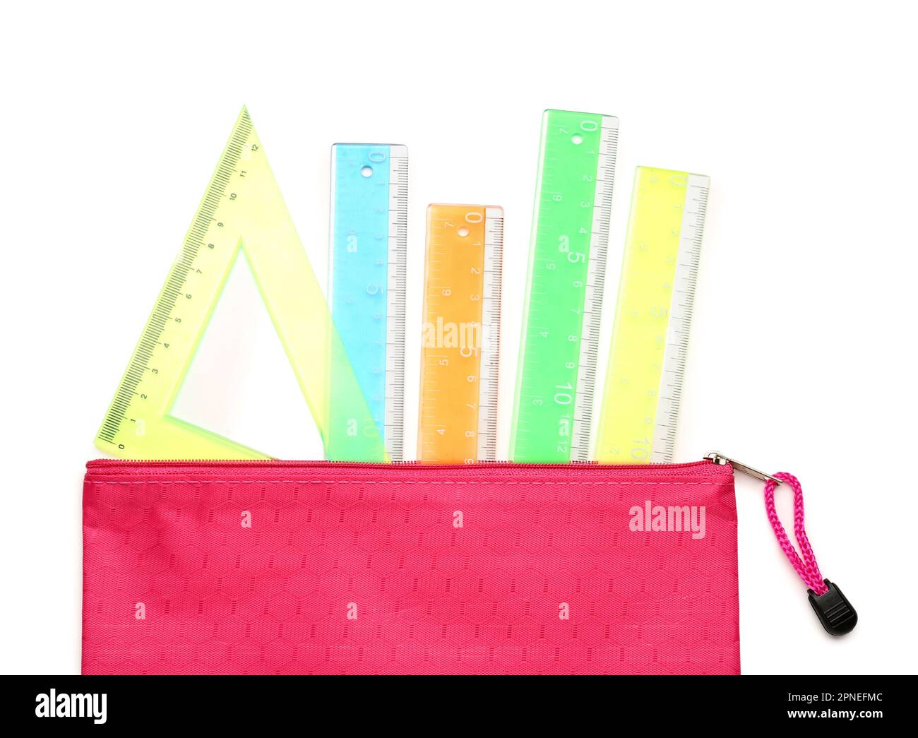Colorful rulers and pencil case on white background Stock Photo - Alamy