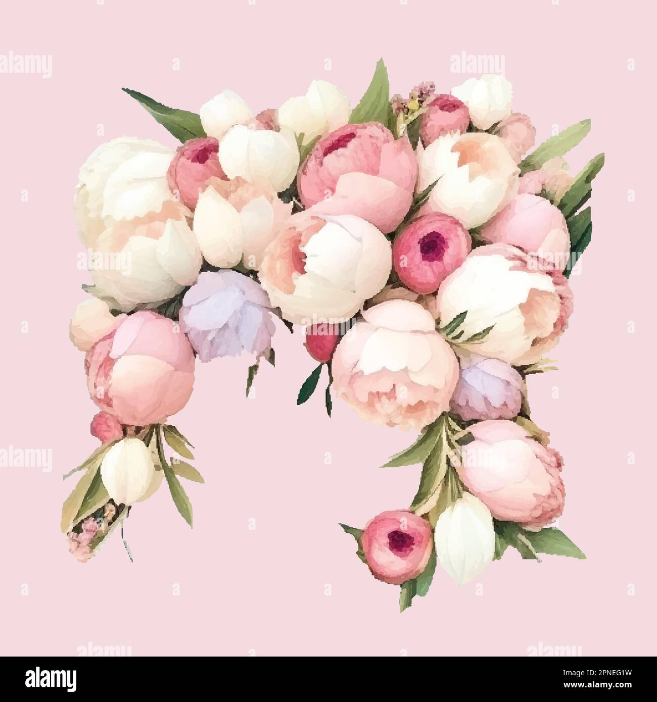 Greenery, pink and white peony, rose flowers vector design round ...