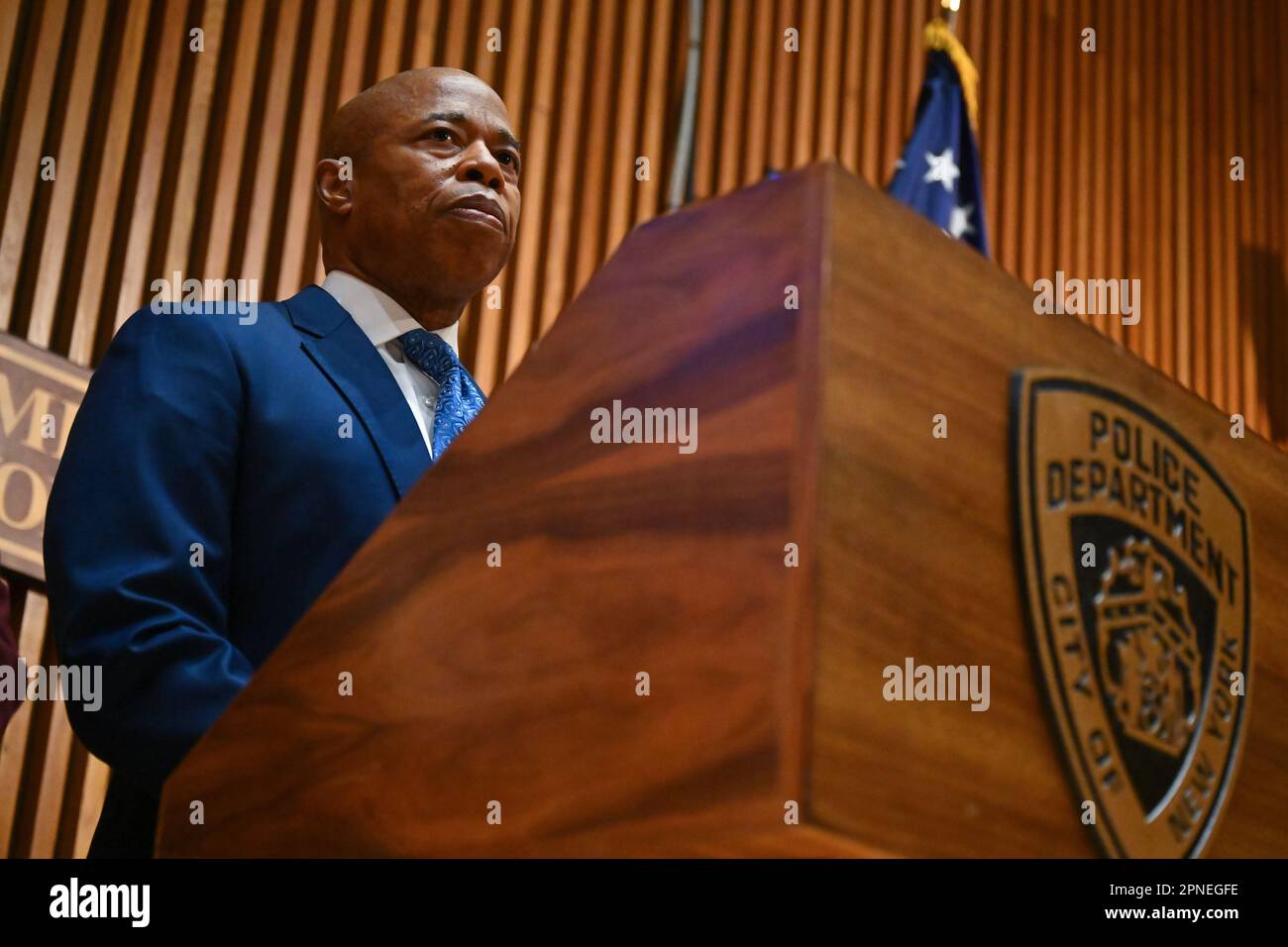 Mayor Eric Adams makes a public safety-related announcement at Police ...