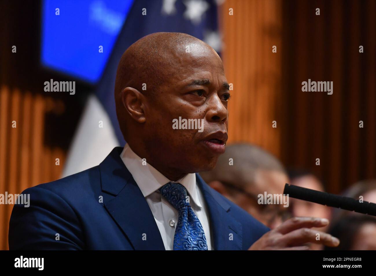 Mayor Eric Adams makes a public safety-related announcement at Police ...