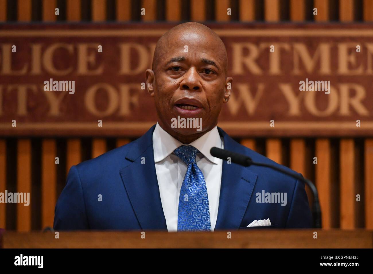 Mayor Eric Adams makes a public safety-related announcement at Police Headquarters on April 18, 2023 in New York City. Stock Photo