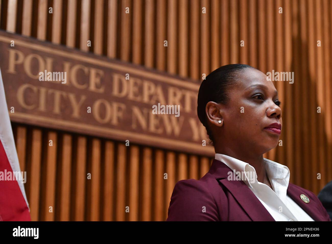 New York City Police Department (NYPD) Commissioner Keechant Sewell makes a public safety-related announcement at Police Headquarters on April 18, 202 Stock Photo