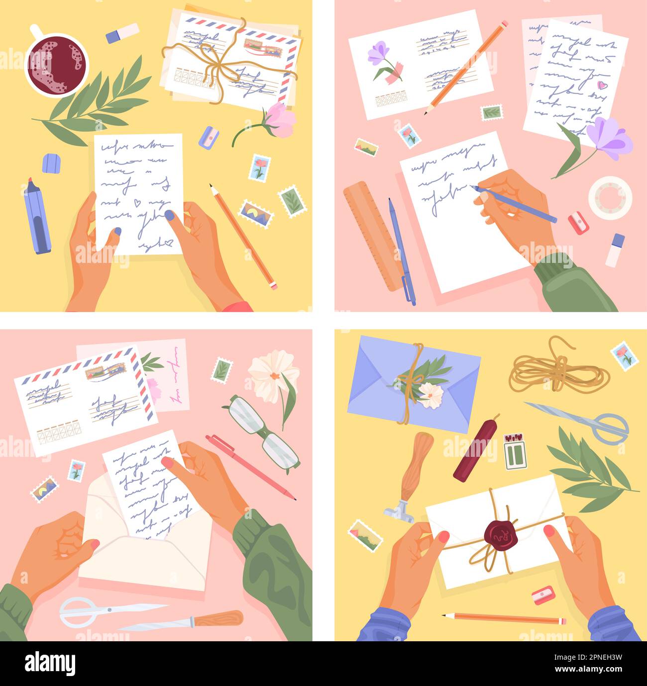 Four romantic letters post flat icon set flatlays with envelops pens ...