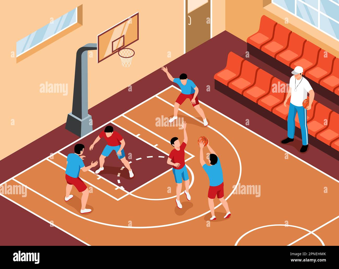 Students playing basketball in school sport gym with male teacher