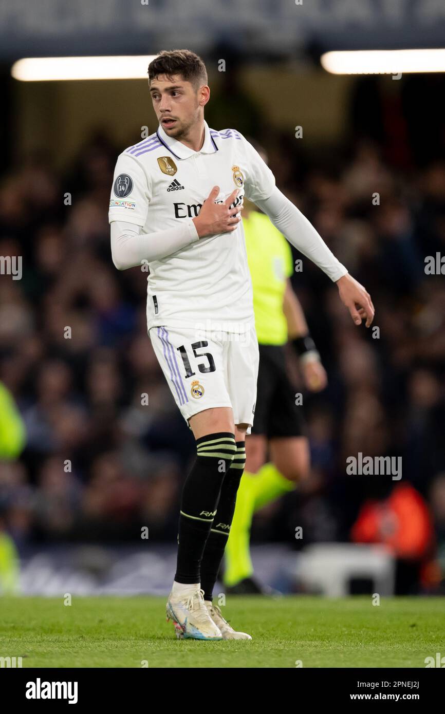 Federico Valverde of Real Madrid gestures during the UEFA Champions League Quarter Final match between Chelsea and Real Madrid at Stamford Bridge, London on Tuesday 18th April 2023. (Photo: Federico Guerra Maranesi | MI News) Credit: MI News & Sport /Alamy Live News Stock Photo