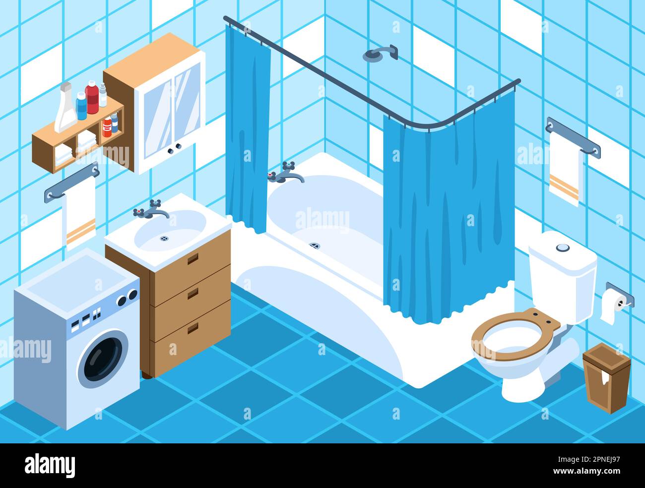 Bathroom isometric design with white bathtub toilet washbasin washing ...