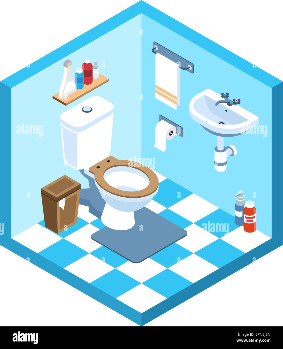 Isometric toilet interior with sink towel rug 3d isolated vector illustration Stock Vector