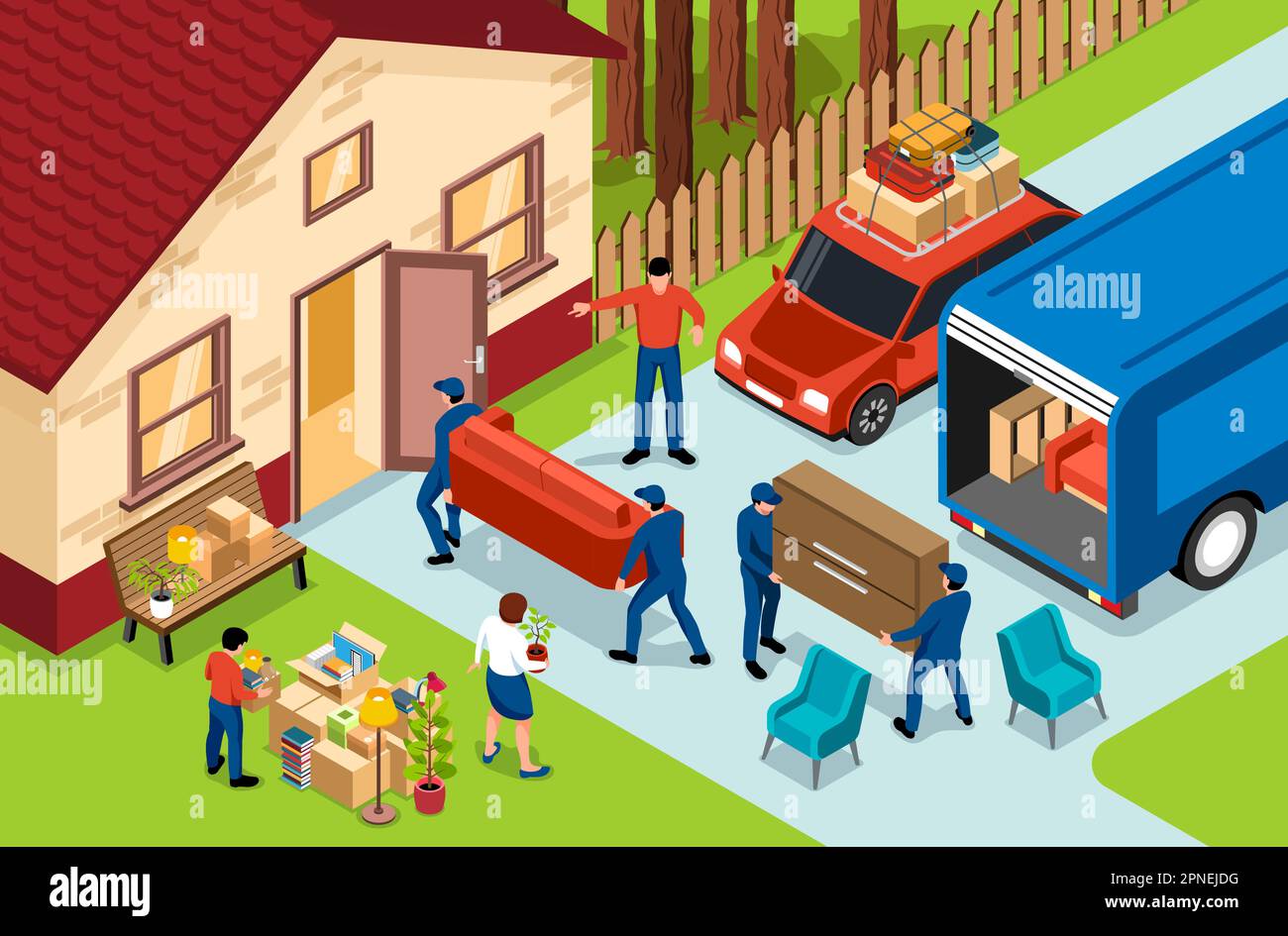 Family moving isometric composition with movers unloading van and ...