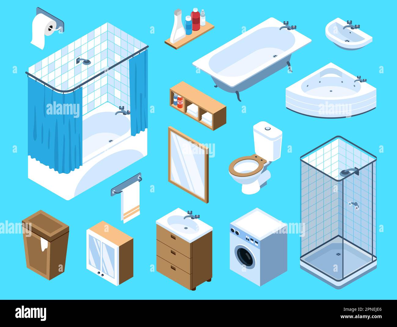 Isometric set of elements for bathroom interior with toilet bathtub ...