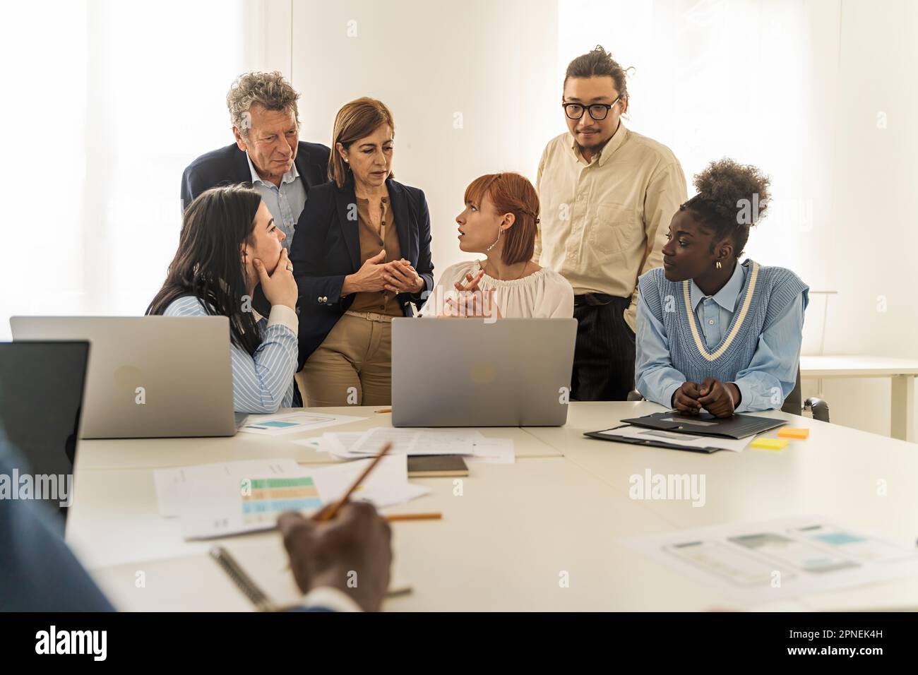 A multiethnic group of colleagues, including Caucasians, Americans, Chinese, and Africans, attentively discussing a project in front of a laptop, with Stock Photo