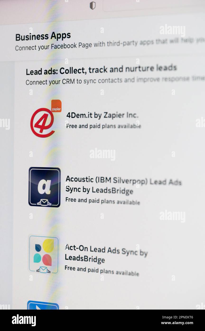 New york, USA - April 14, 2023: Business lead apps for facebook  on computer screen close up view Stock Photo