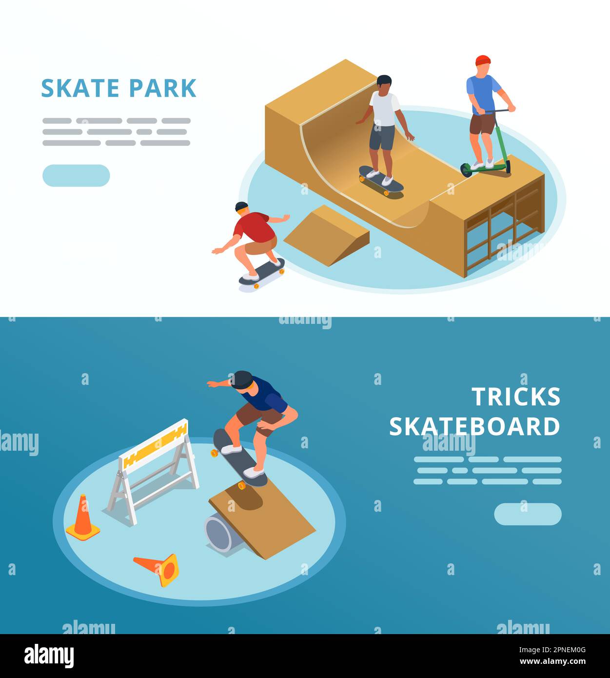 Skate park horizontal banners with sport symbols isometric isolated