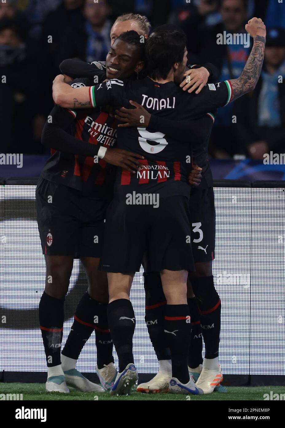 Naples, Italy. 18th Apr, 2023. Rafael Leao of AC Milan celebrates with ...