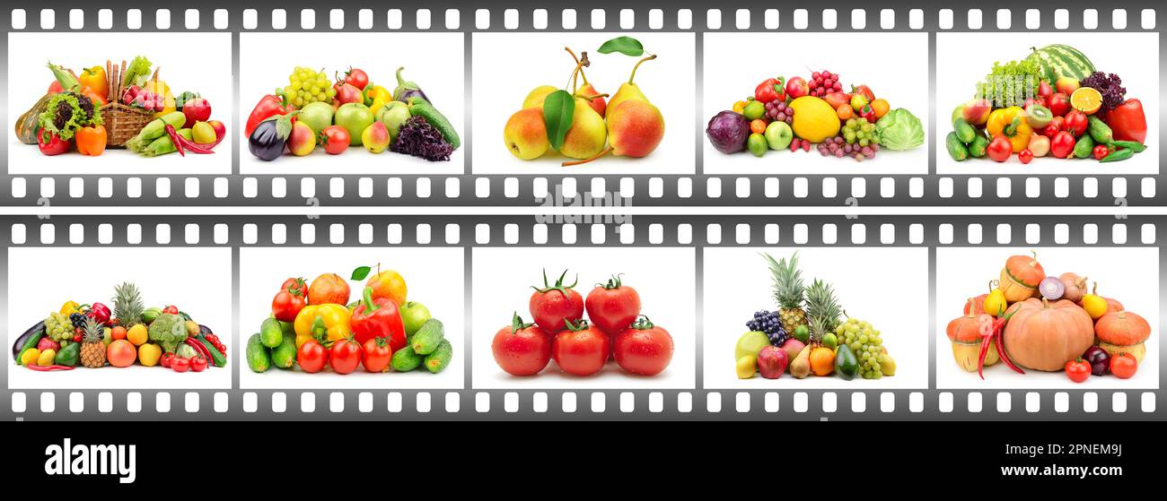 Many compositions fruits and vegetables in frame in form film isolated on white background. Stock Photo