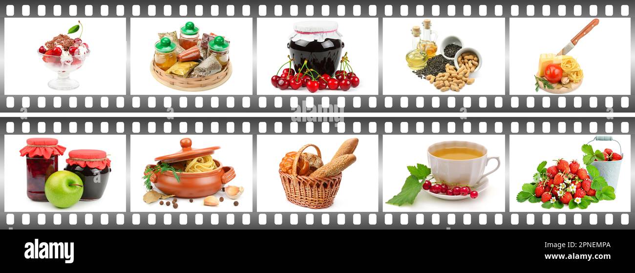 Set diverse food in photo frame isolated on white background. Big size. Stock Photo