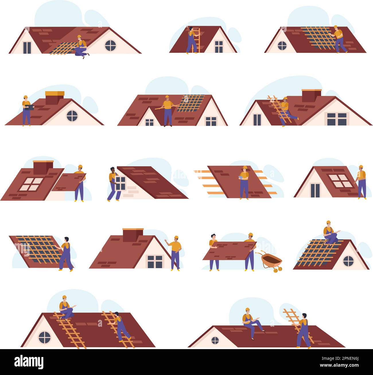 Roof flat set of isolated icons with views of sloping house roofs with characters of workers vector illustration Stock Vector