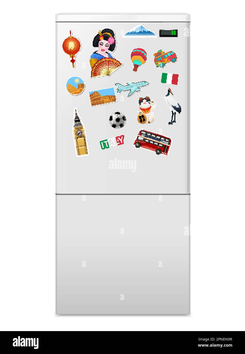 Realistic fridge front door with souvenir from different countries vector illustration